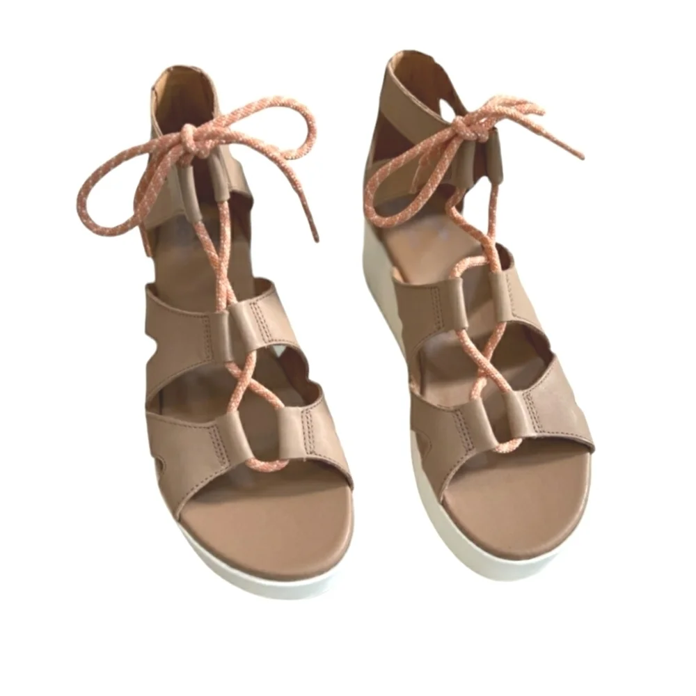 Sorel Cameron Flatform Lace Wedge Sandal Honest Beige Gum NEW